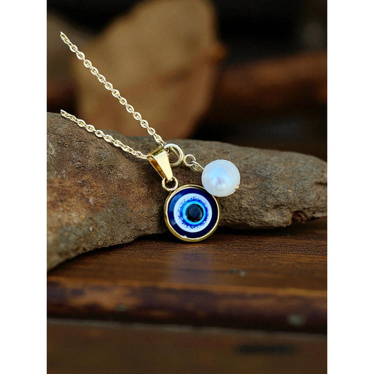 16 inch Stainless Steel Gold necklace with two charms; evil eye; pearl pendent necklace