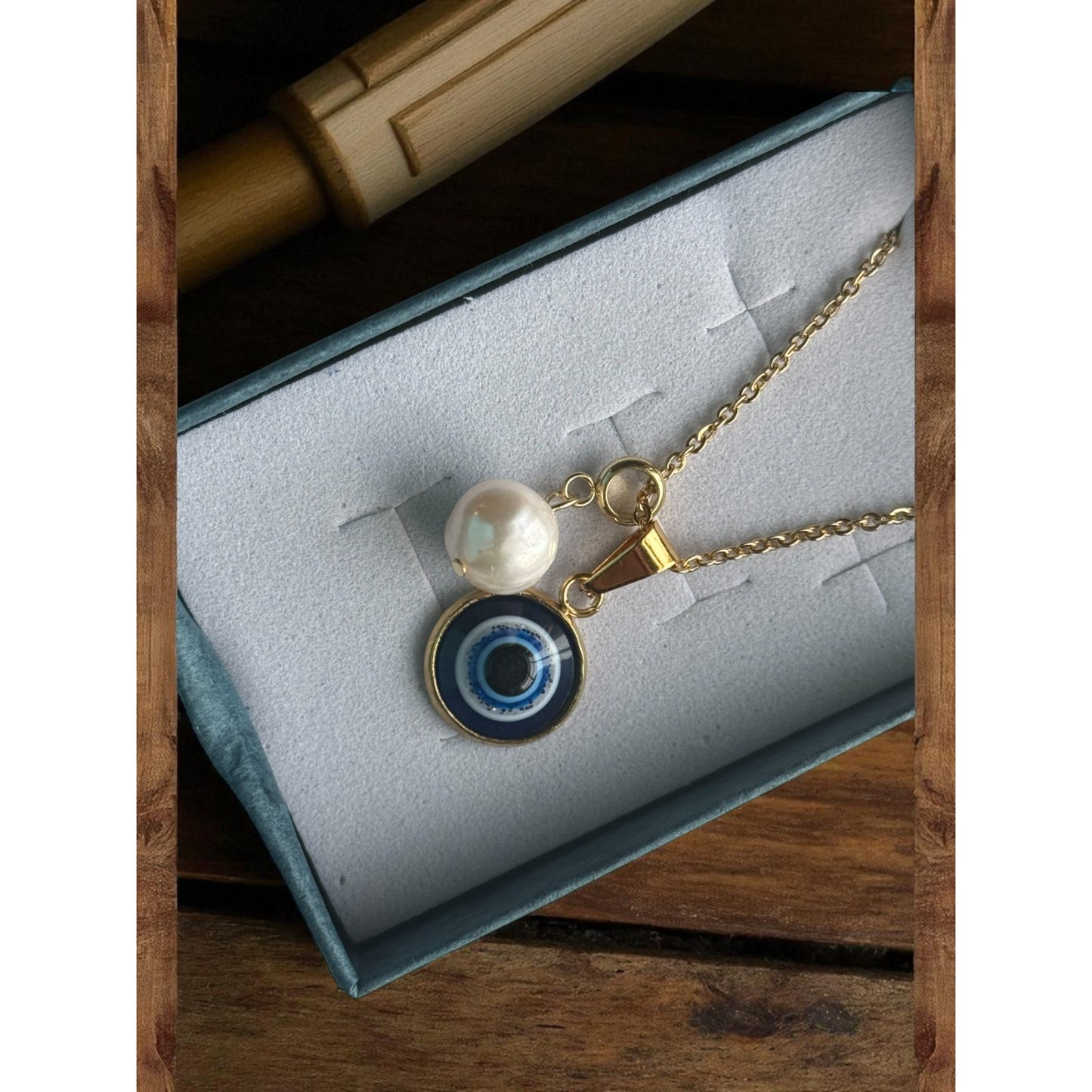 16 inch Stainless Steel Gold necklace with two charms; evil eye; pearl pendent necklace