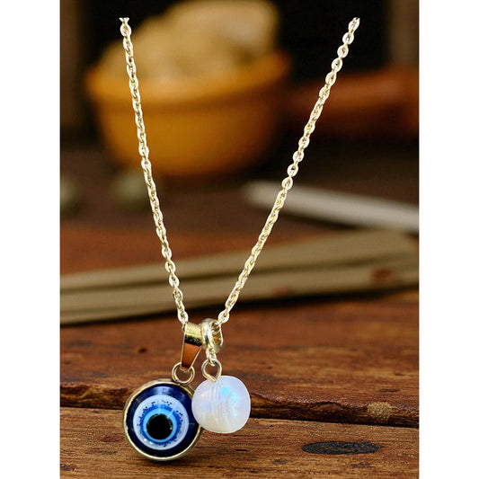 16 inch Stainless Steel Gold necklace with two charms; evil eye; pearl pendent necklace