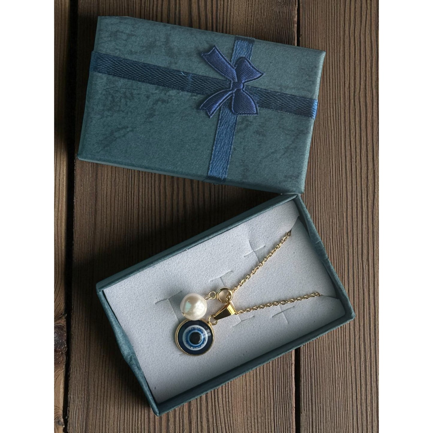 16 inch Stainless Steel Gold necklace with two charms; evil eye; pearl pendent necklace