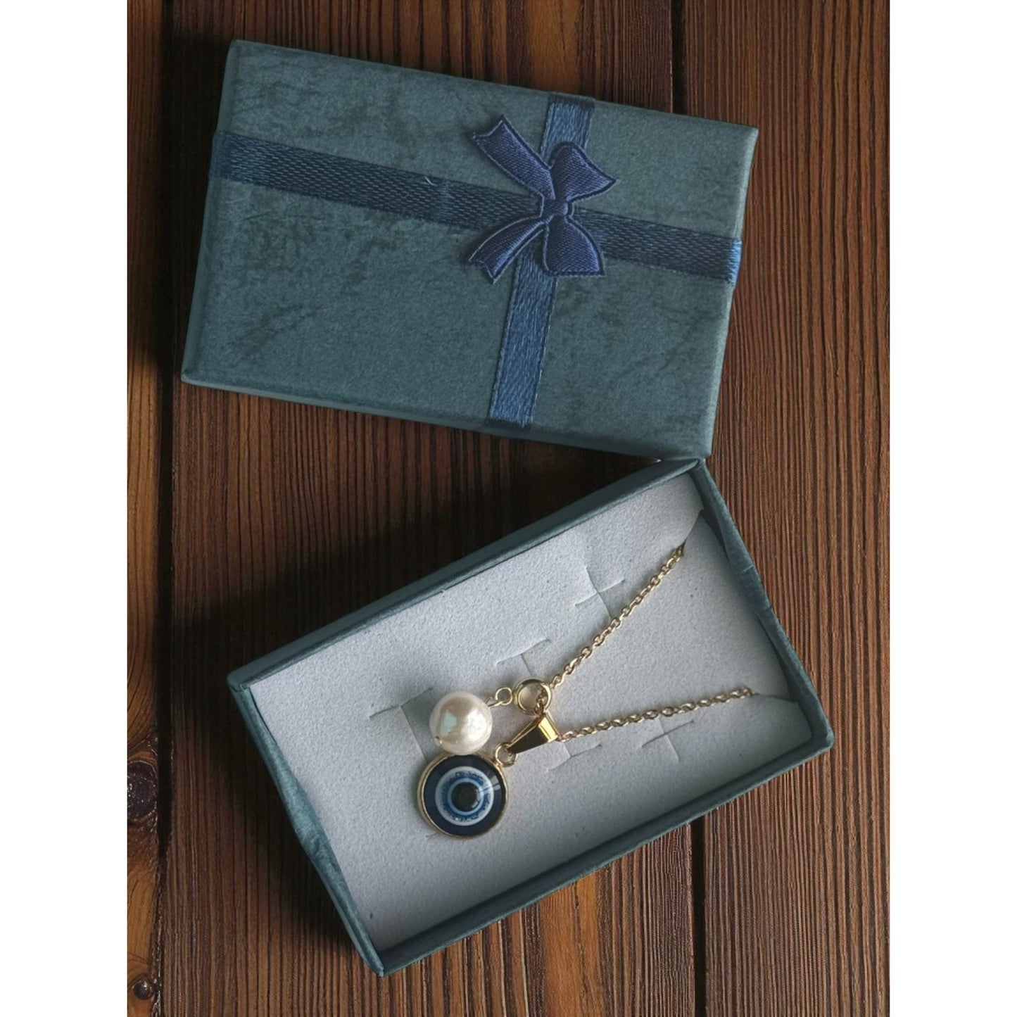 16 inch Stainless Steel Gold necklace with two charms; evil eye; pearl pendent necklace