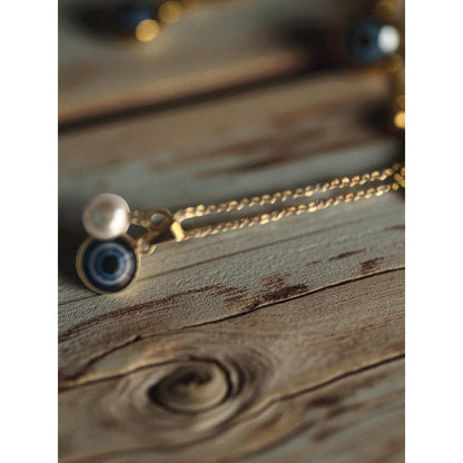 16 inch Stainless Steel Gold necklace with two charms; evil eye; pearl pendent necklace
